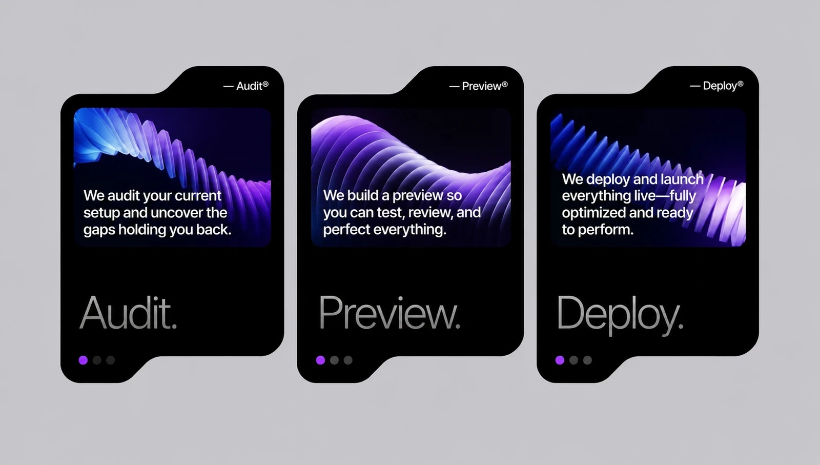 Studio Seven process shown across three phones: audit, preview and deploy