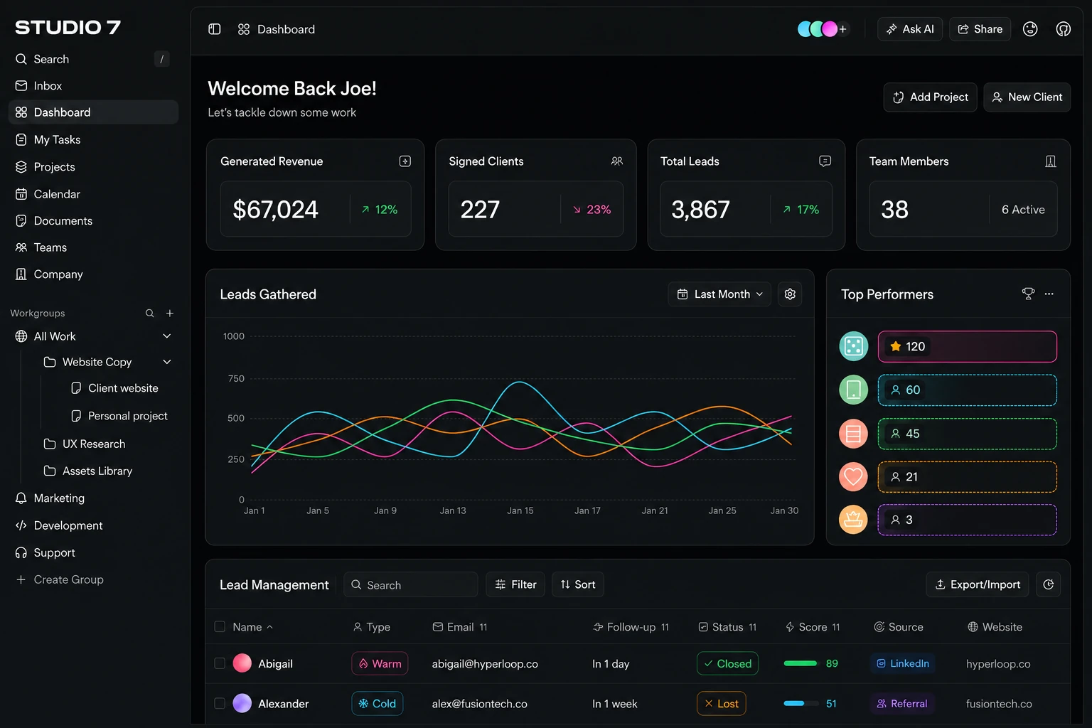 Client dashboard showing leads gathered, revenue and team in one view
