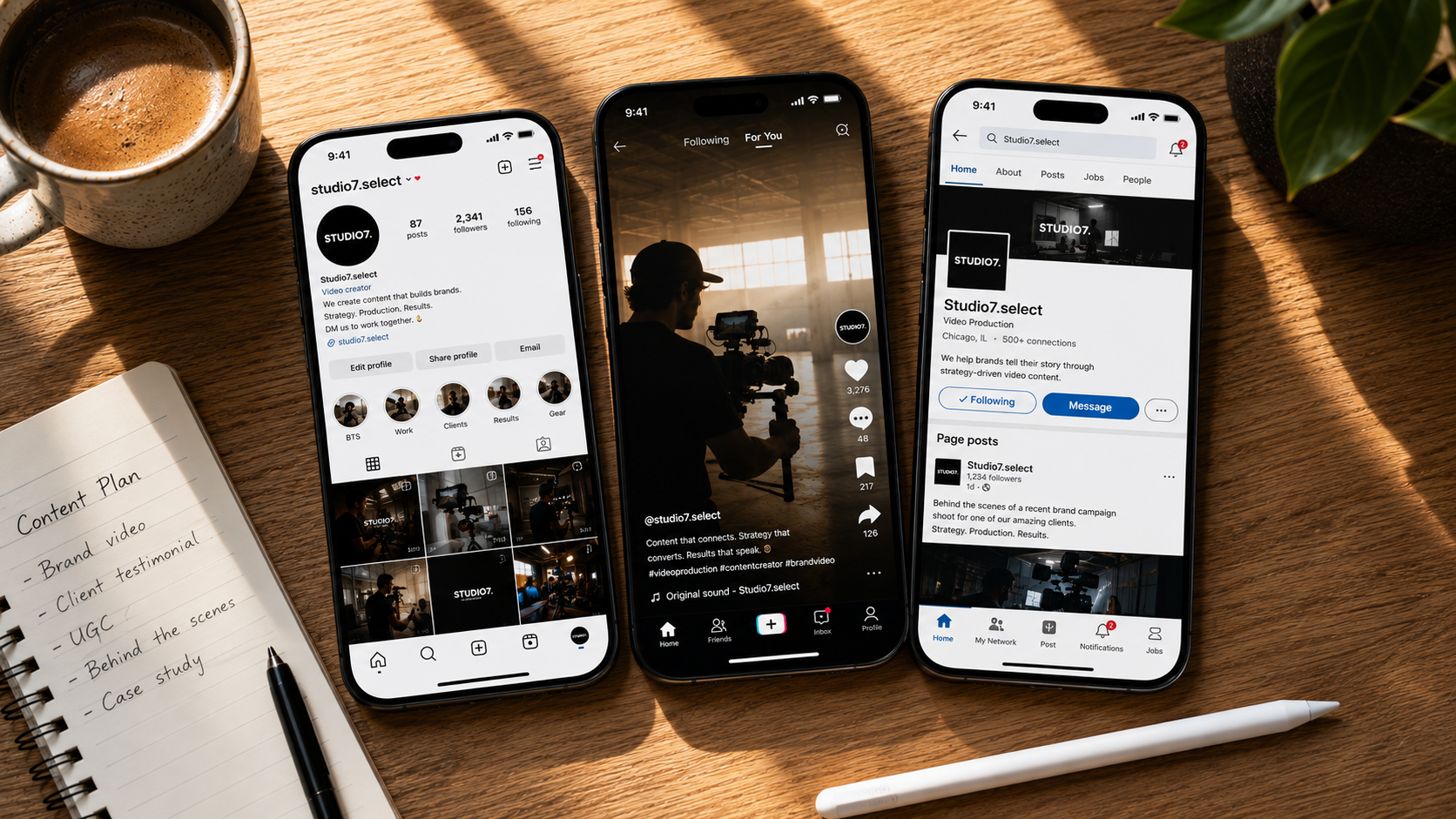 Studio Seven social media content plan across Instagram TikTok LinkedIn